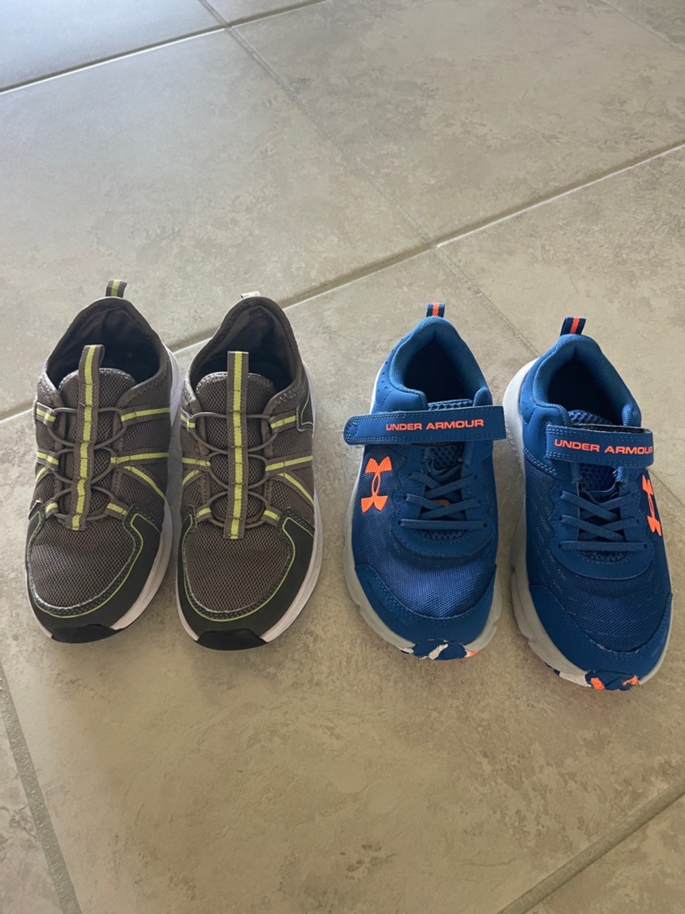 Under Armour Kids Blue and Gray Sneakers with Neon Accents
$20 for both